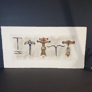 Vintage Hand Colored Etching Corkscrews Art Print Numbered Signed 22x11 Unframed